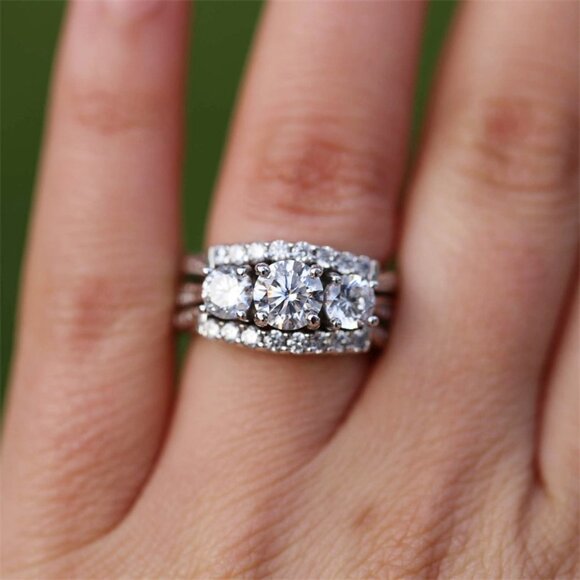 🌸925 Silver Plated Hollow Shiny 3 Layers Prong CZ Ring, MARR9358 - Picture 1 of 7